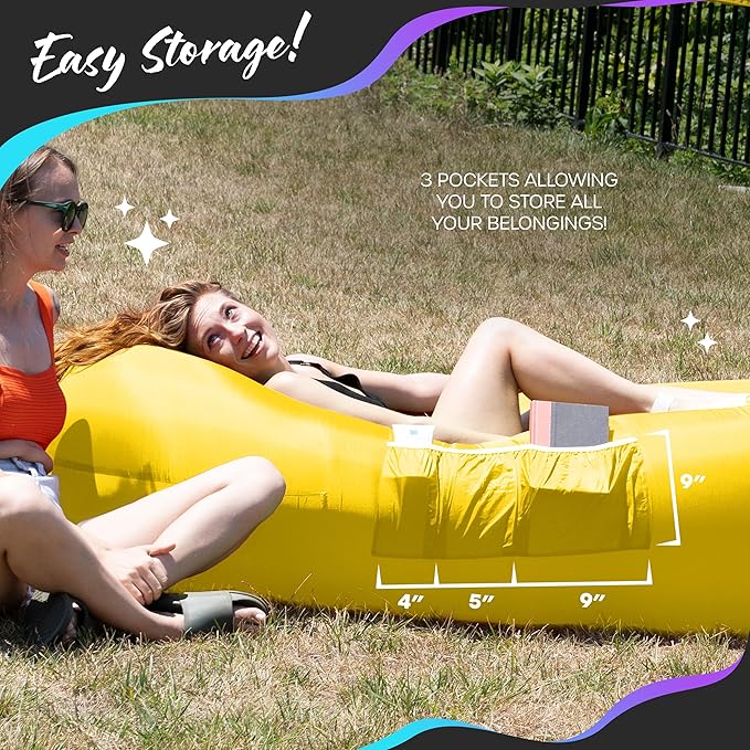 Nevlers Yellow Inflatable Lounger | 210T Polyester Air Couch | No-Pump Blow Up Chair | Inflatable Chair w/ 450lbs. Cap. Pockets &amp Matching Bag | for Use as Outdoor Inflatable Couch for Adults &am
