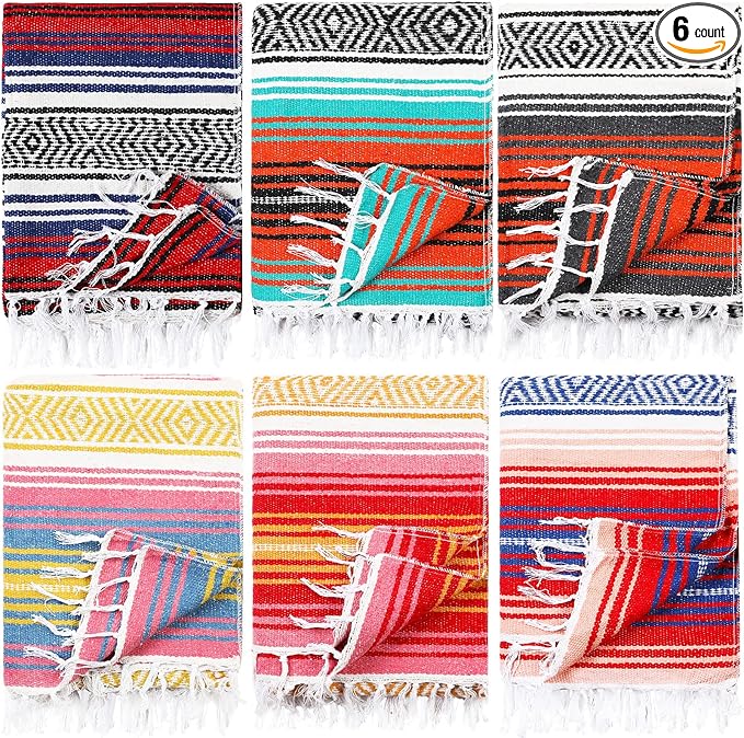 6 Pcs Mexican Blankets Bulk Yoga Authentic Throw Mexican Serape Blanket Large Colorful Striped Falsa with Fringed for Outdoor Camping Beach Picnic Home Decor (Orange Green)
