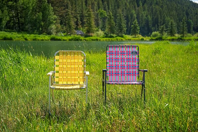 MOUNTAIN SUMMIT GEAR Retro Webbed Camping Chair - Lightweight Foldable Durable Steel Frame 300lb Capacity Vintage Red/White/Blue Stripes by Caddis Sports
