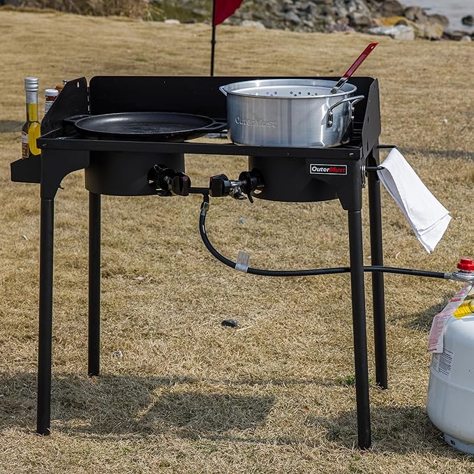 Propane Double Burner for Outdoor Cooking Two Camping Stove with Removable Windscreen and Detachable Legs Stand for Home Brewing Camping BBQ