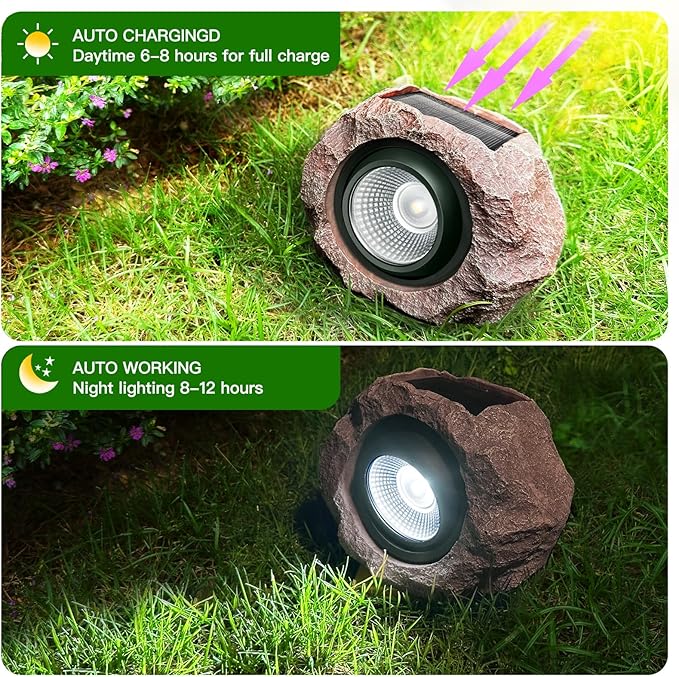 4 Pack Solar Rock Lights Outdoor Angle Adjustable Solar Lights Outdoor Waterproof LED Solar Garden Lights Auto On/Off Landscape Lighting for Yard Pathway Patio Flower Bed - White Glow (Stone Brown)