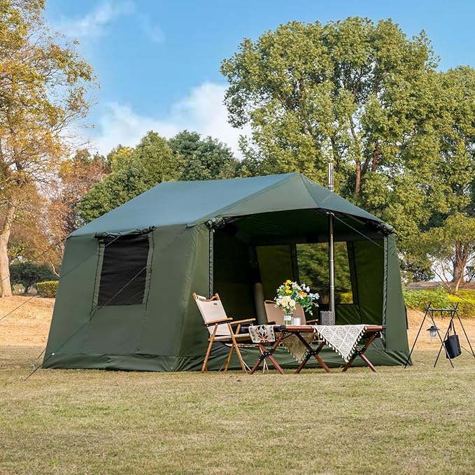 Inflatable Camping Tent with Hand Pump Waterproof Outdoor Blow up Tent 2-8 Person Oxford 4 Season Glamping Air Tent Cabin House with Mesh Windows &amp Door