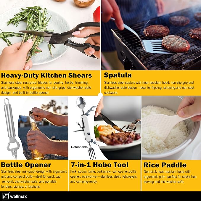 Wellmax 10-Piece Stainless Steel Camping Cooking Set – Compact All-in-One Cookware Kit with Utensils &amp Travel Bag for Campers Hikers Outdoor Adventures Grey Camo Color