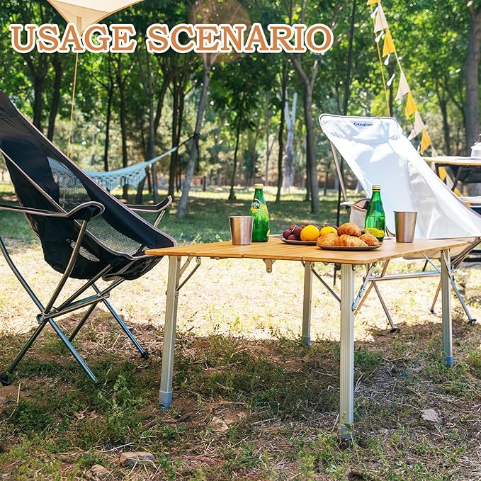 KingCamp Bamboo Camping Table Folding Table with Adjustable Height Aluminum Legs Heavy Duty 176lbs 4-Fold Portable Foldable Camp Tables for Travel Picnic 4-5 People