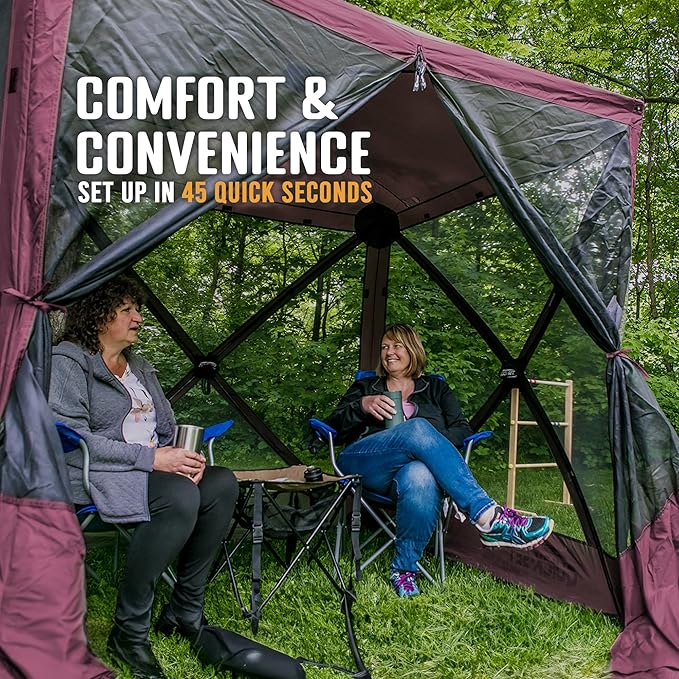 CLAM Pop-Up Screen Tent 6' x 6' Outdoor Camping Gazebo Portable 4-Sided Canopy with Ground Stakes &amp Carry Bag Traveler Plum