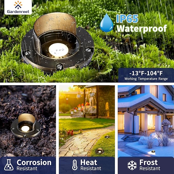 Gardenreet Solid Brass Well Light - All Weather 12V In-Ground LED Low Voltage Landscape Lighting Replaceable Bulb Fixture Antique Bronze for Pathway Backyard Patio with 2700K Warm White MR16 Bulb