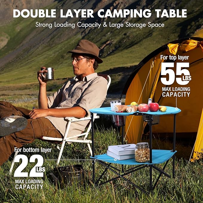 VILLEY Folding Camping Table Lightweight Double-Layer Round Table with 4 Cup Holders and Carry Bag Portable Beach Table for Camp Travel Fishing Outdoor Activities Blue