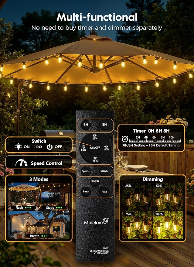 Minetom 79FT Solar String Lights Outdoor Waterproof 24 LED S14 Shatterproof Bulb Patio Lights with Remote Type-C Port Timable 3 Light Modes Dimmable Solar String Lights for Outside Yard Camping