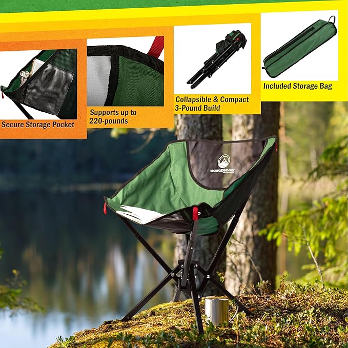 Portable Camping Chair - Compact and Foldable Chair - Lightweight Backpacking Chair with Carrying Bag - Backpacking Gear by Wakeman Outdoors (Green)