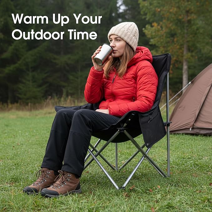 SunSettler Heated Camping Chair Oversized Heated Outdoor Chairs for Adults with 3 Heat Levels Portable Folding Padded Chair for Camp Lawn Sports (Battery NOT Included) (Black Small)