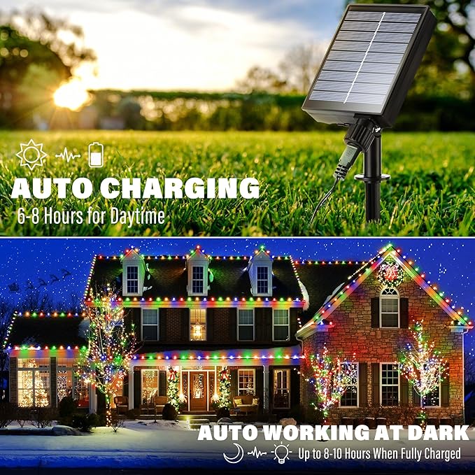 iBaycon Solar C9 Christmas Lights Outdoor 65FT 100LED C9 Strawberry String Light 8 Modes Solar Powered Lights String for Xmas Tree House Eaves Roof Christmas Holiday Decorations