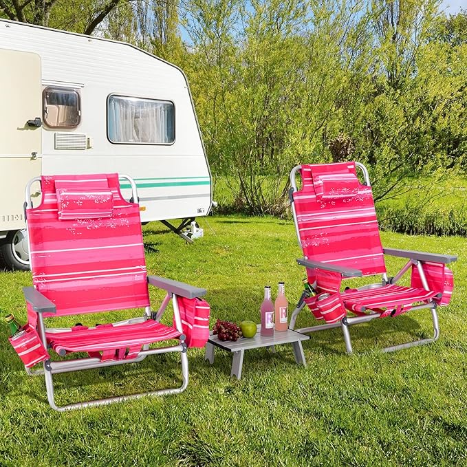 Giantex Folding Beach Chair Patio Sling Chairs with 5 Adjustable Position Head Pillow Storage Bag Towel Bar Cup Holders Backpack Chairs for Sunbathing Camping Chair