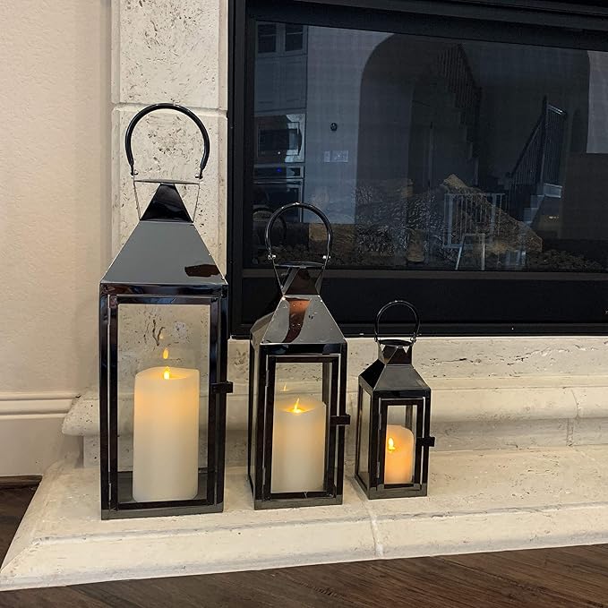 Allgala 3-PC Lantern Set 24 Inch Jumbo Deluxe Modern Indoor/Outdoor Candle Lantern Set Black Stainless Steel Frame Tempered Glass Pyramid Top for Garden Poolside Fireplace Wedding