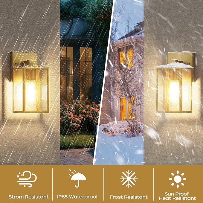 WIHTU Gold Outdoor Exterior Light Fixture for House LED Front Porch Lights for House Waterproof Wall Sconce Lantern Lamp Outside Coach Lights for Patio Garage Doorway Entryway