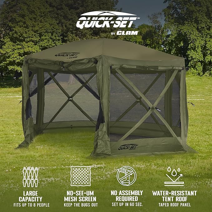 CLAM Pop Up Screen Tent Outdoor Camping Gazebo Canopy Pavilion 12.5' Green - Heavy-Duty Portable Screened Shelter with Netting for Beach Patio and Backyard