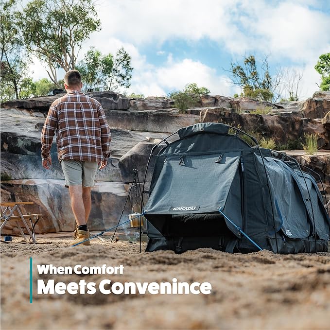 Kakadu Canvas Swag Tent 1 Person Australian Polycotton Camping Ground Tent All Seasons Waterproof with 2.75” Foam Mattress LED Lighting Carry Bag