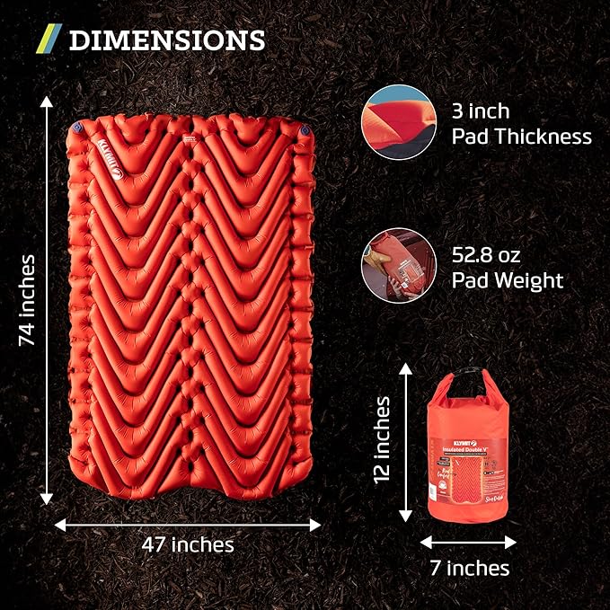 KLYMIT Insulated Double V Inflatable Sleeping Pad | Thick Lightweight Easy to Inflate Foldable Air Bed for Camping &amp Backpacking
