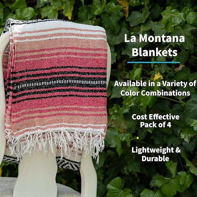 La Montana Mexican Blankets and Throws 4 Pack 74x50 - Made in Mexico Lightweight Yoga Blanket for Schools Studios Outdoors Camping Picnic Decor - Machine Washable Coral/Melon/White