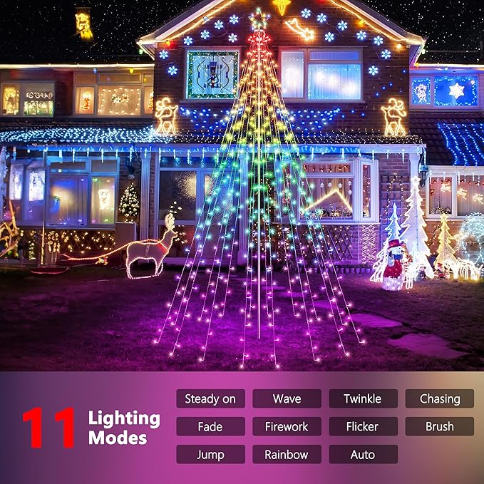 Flacchi Outdoor Star String Lights - Pole Set with Remote Multiple Lighting Modes Timer and Waterproof Feature for Ultimate Holiday Decor (RGB 10 FT/408LED)