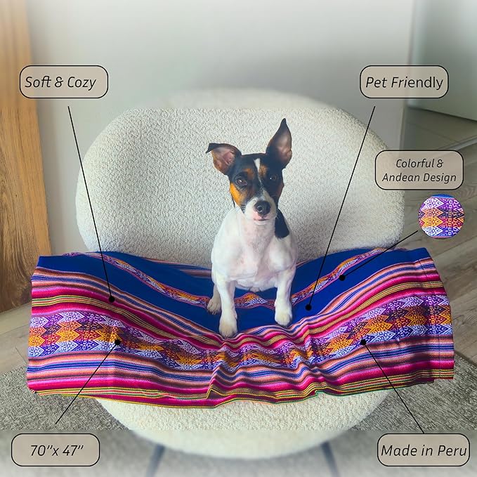 Lucio Fabrics Unique Native Peruvian Throw - Vibrant Colors Lightweight Durable - HomeYoga BeachCampingPicnicOutdoor Activities Thin Blanket 70'' x 47'' (Blue Mountain Loom)
