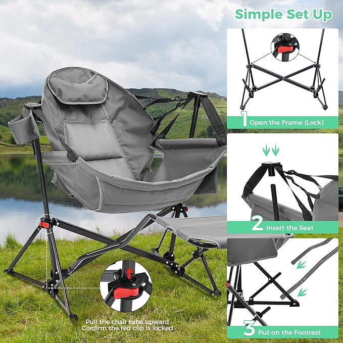 Ainfox Hammock Camping Chair with Footrest Heavy Duty Foldable Portable Rocking Hammock Chairs Outside Swinging Camp with Cup Holder Pillow for Outdoor Patio Poolside Grey 2 Pack