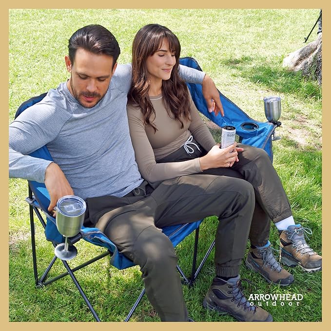 ARROWHEAD OUTDOOR 2-Pack Portable Folding Camp Loveseat Chair w/Glass &amp Cup Holders Heavy Duty Carry Bag 650 lbs Weight Capacity