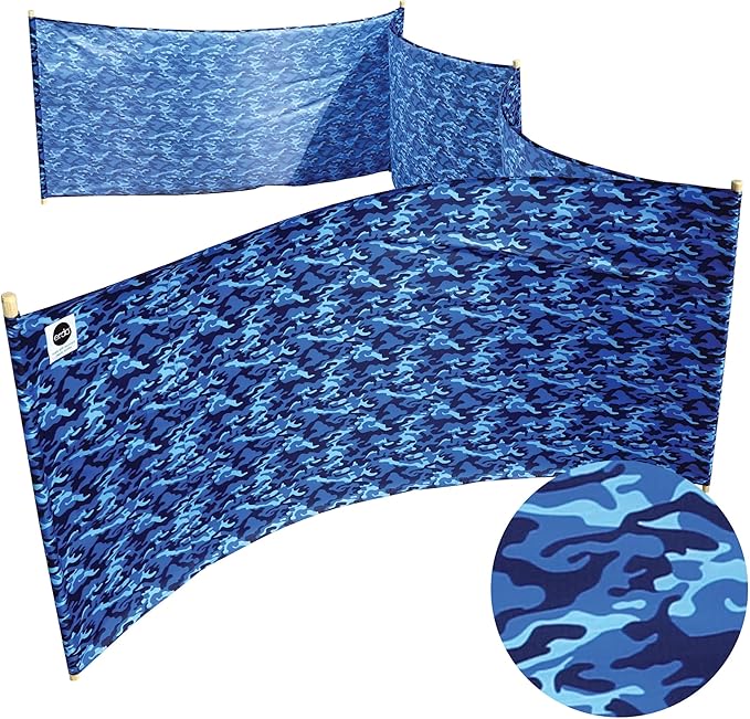 Ocean Camo Pro Beach Recycled Polyester Rip-Stop 20 ft Lightweight Windscreen Privacy Screen Wind Blocker Free Matching Shoulder Bag (New Mahogany Wood Poles)