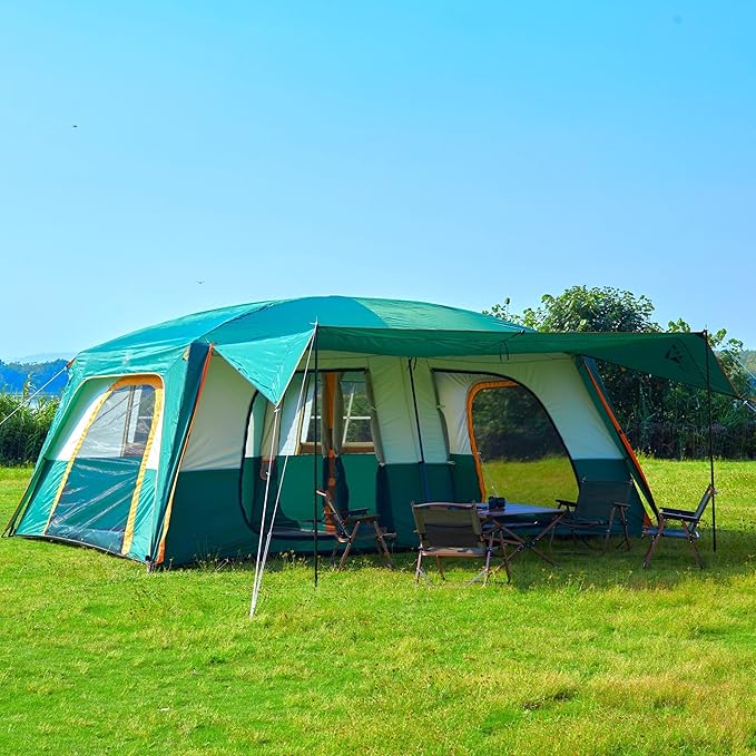 KTT Extra Large Tent 12-14 PersonFamily Cabin Tents2 RoomsStraight Wall2 Doors 4 Windows with MeshWaterproofStraight WallBig Tent for OutdoorPicnicCampingGathering(Brown)