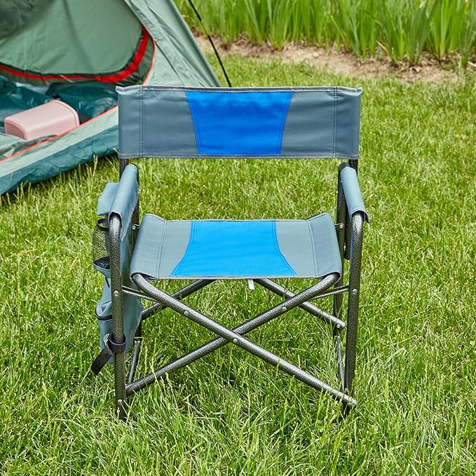 Lightweight Oversized Outdoor ChairPadded Folding Chairwith Side Table and Storage Pockets for IndoorOutdoor CampingPicnicsFishingBlue+Grey