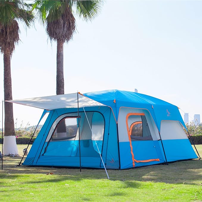 KTT Extra Large Tent 10-12-14 Person(Style-B)Family Cabin Tents2 Rooms3 Doors and 3 Windows with MeshStraight WallWaterproofDouble LayerBig Tent for OutdoorPicnicCampingFamily Gathering