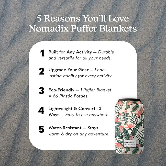 Nomadix Puffer Blanket – Water-Resistant Eco-Friendly Insulated Blanket with Snaps for Camping Beach and Travel Made from Recycled Materials