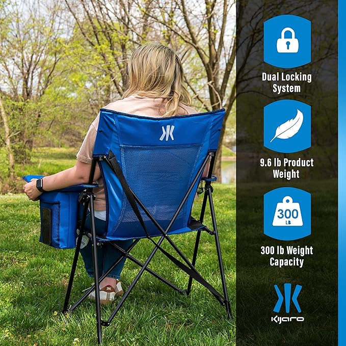 Kijaro Dual Lock Portable Camping Chairs - Enjoy Outdoors with Versatile Folding Sports &amp Lawn Chair - Dual Lock Feature Locks Position - Maldives Blue with Cooler