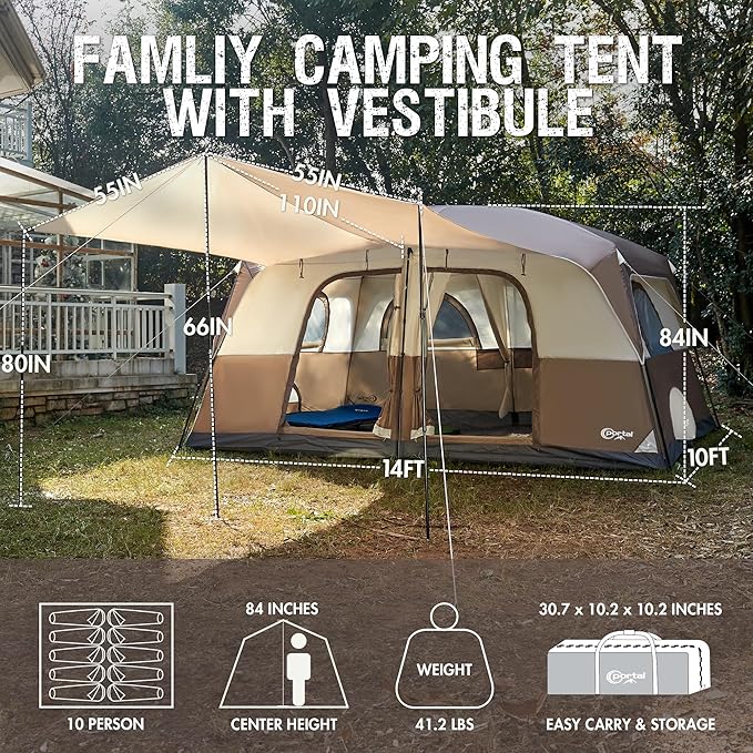 PORTAL 6 | 8 | 10 Person Family Camping Tent with Porch Big Family Camping Tent with Tall Height Good Ventilation Water Resitant Large Tent for Outdoor Camping Backyard