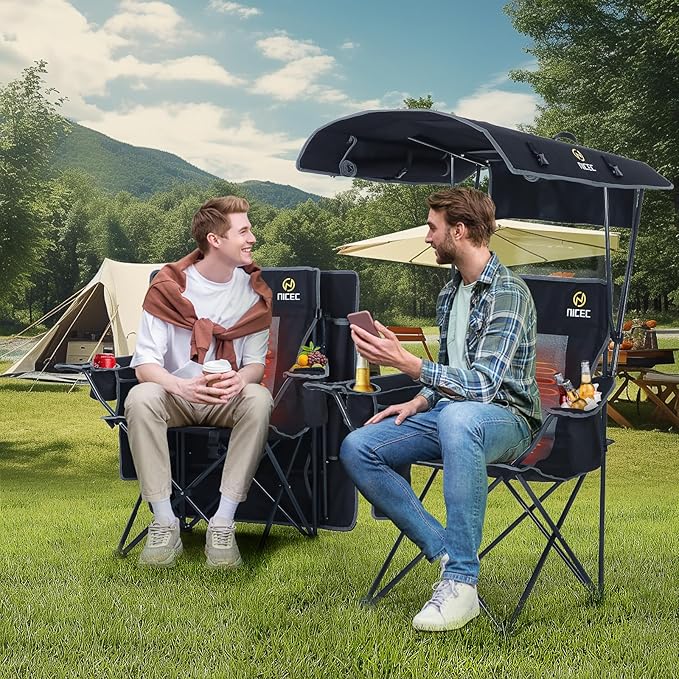 Nice C Chair with Canopy Heated Camping Chair with Battery Outdoor Sports Chairs with Shade Heated Folding Umbrella Lawn Chairs with Removable Footrest (2-Pack)