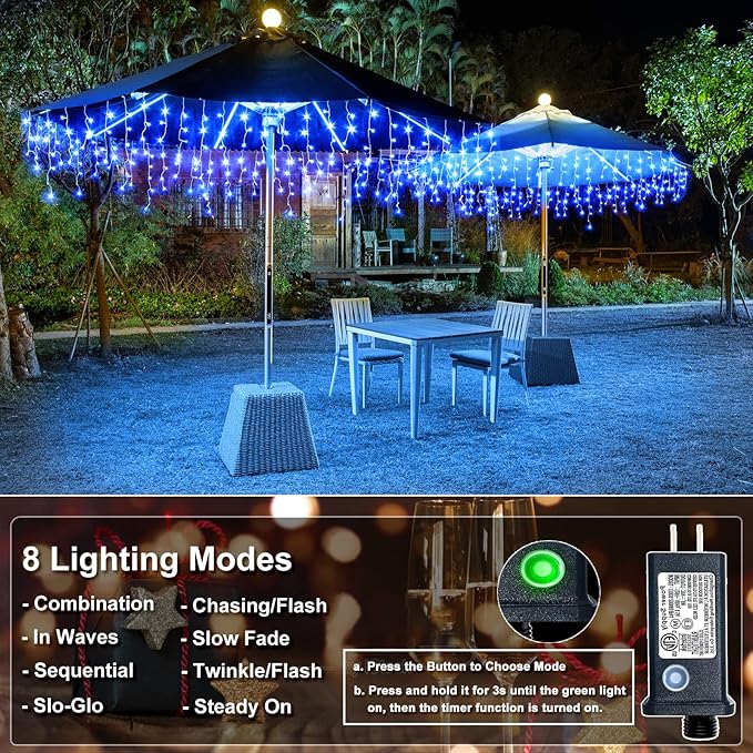 Icicle Lights for Outside 98FT 1216 LED Icicle Christmas Lights Outdoor with 228 Drops 8 Modes Waterproof String Twinkle Light for Indoor Bedroom House Holiday Party Wedding Decorations Blue
