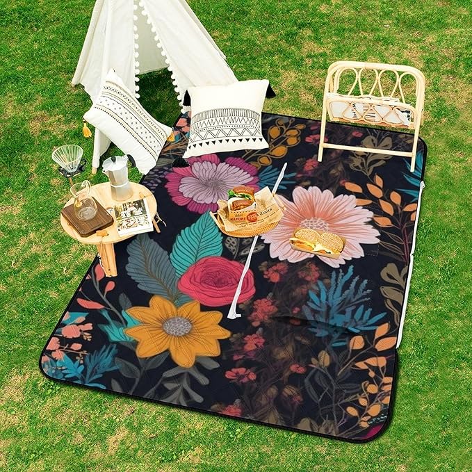 Zipper Colorful Boho Floral Style Picnic Mat Suitable for Travel Camping Park Or Home Use