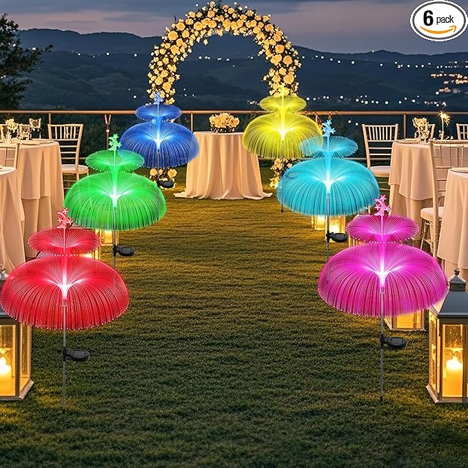 Solar Garden Lights Outdoor Solar Lights 7 Color Changing Jellyfish &amp Star Waterproof Solar Flower Lights for Garden Decor Yard Patio Lawn Pool Party Wedding Gifts for Women/Mothers - 6 Pac