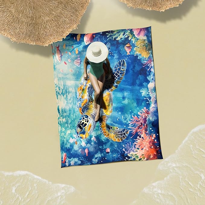 Sunlit Large Beach Blanket Waterproof Sand Proof 81 x106 Sand Free Beach Mat with Anchored Pockets and Storage Bag for Travel Beach Camping Outdoor Festival Deep Sea Turtle in Coral Reef