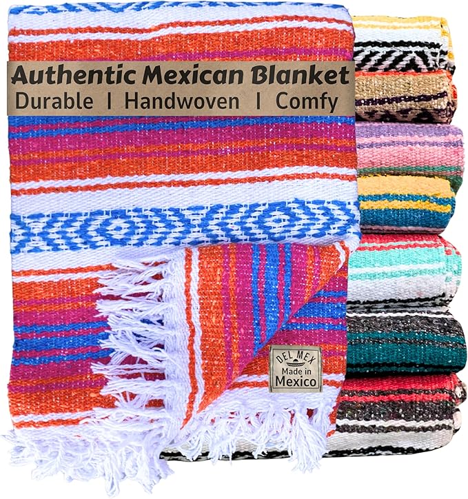 Del Mex Classic Mexican Blanket Large Authentic Woven Falsa Throw (70x50) Artisan Southwest Décor for Beach Yoga Outdoors (Orange/Pink/Blue)