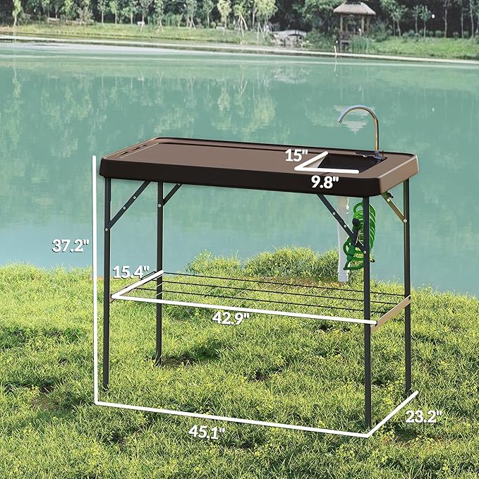 Outsunny Folding Fish Cleaning Table Portable Camping Sink Station with Faucet Drainage Hose Sprayer Grid Rack and Knife Groove Outdoor Fillet Table for Picnic Beach Patio Tan