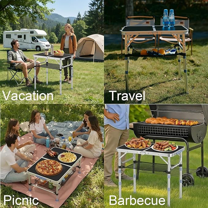 Small Folding Table Portable 2FT Camping Pinic Table with 3 Adjustable Height Aluminum Foldable Lightweight Patio Side Table with Carry Handle for Outdoor Hiking Camp BBQ Beach (Black)