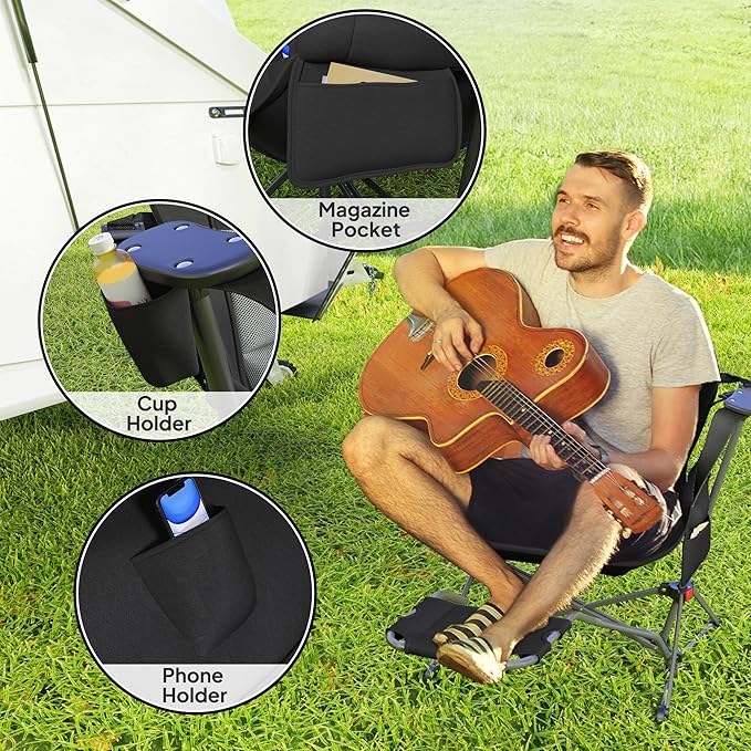Outsunny Double Hammock Camping Chair Adjustable Back Folding Rocking Chair Swinging Hammock Chair with Cup Holder Headrest Removable Footrest Padded Seat for Travel Sports Concerts Black