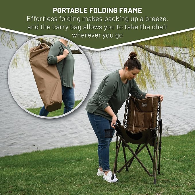 Timber Ridge Bungee Folding Camping Chairs for Adults Heavy Duty Collapsible Padded Chair with Armrests Cup Holder Foldable Outdoor Lounge Chairs for Fishing Lawn Supports 300 lbs Earth Brown