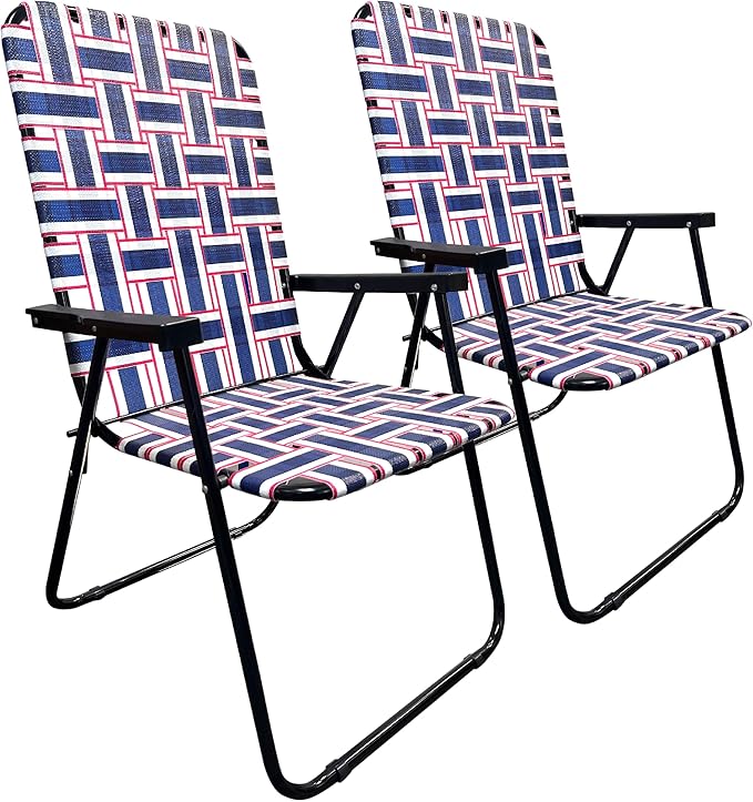 Lawn Chair Folding Steel Webbing Chaise Patio Lounger Seat Wood Handles Great for Camping Beach Fishing Backyard Stadium Pool Boating and Sports 2 Pack Blue/Red