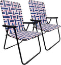 Lawn Chair Folding Steel Webbing Chaise Patio Lounger Seat Wood Handles Great for Camping Beach Fishing Backyard Stadium Pool Boating and Sports 2 Pack Blue/Red