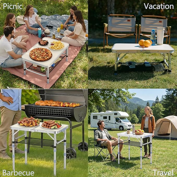 Small Folding Table Portable 2ft Camping Pinic Table with 3 Adjustable Height Aluminum Foldable Lightweight Patio Side Table with Carry Handle for Outdoor Indoor Hiking Camp BBQ Beach (White)
