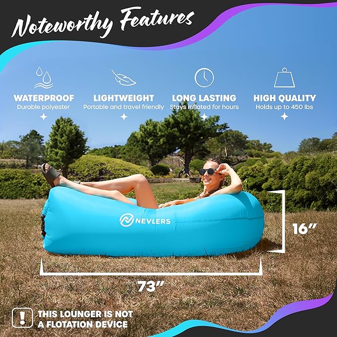 Nevlers Black &amp Blue Inflatable Lounger 2 Pack | 210T Polyester Inflatable Couch Set |No-Pump Blow Up Couch | Outdoor Furniture w/ 450lbs. Capacity Pockets &amp Carry Bags For Use as Festival Es