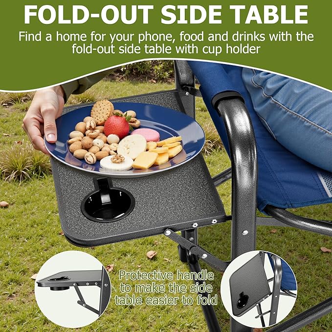 Camping Directors Chairs for Adults Heavy Duty with Table and Cooler Bag Oversized Portable Folding Chair for Beach Fishing Trip Picnic(Breathable Comfort Cushion Blue)