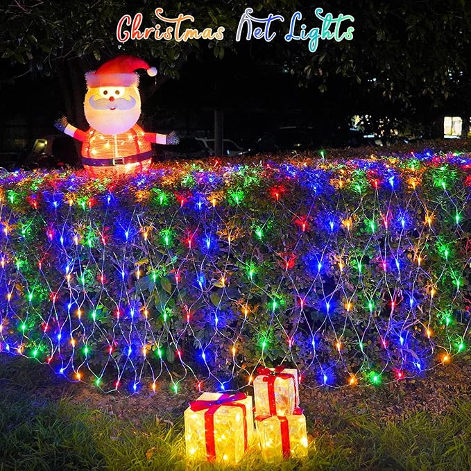 QITONG Net Lights Outdoor Mesh Lights 12ft x 5ft 360 LED Multicolor Christmas Light with 8 Modes Connectable Clear Wire Bush Light Plug in