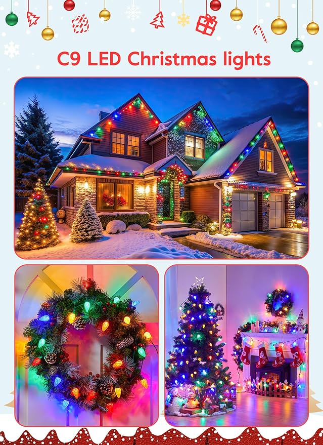 C9 Christmas Lights Outdoor 114 Feet 150 LED C9 String Lights with Timer &amp 8 Light Modes Waterproof Commercial Grade Connectable Christmas Tree Lights for Indoor Outside Roofline Patio Multicol